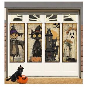 Retro Halloween 4 Pcs Vintage Hanging Banner #2, 15.7x40inch ,Scarecrow Black